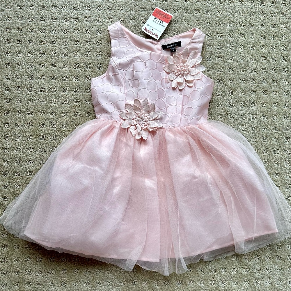 NWT Zunie Girls’ Light Pink Dress With Tulle Skirt And Floral Appliqués, 4